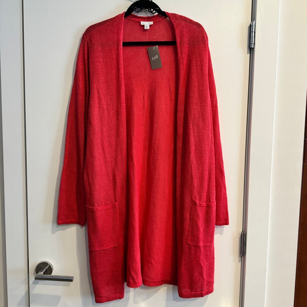 New J. Jill Red Orange Linen Blend Long Sleeve Cardigan Sweater Sz XL Women's
